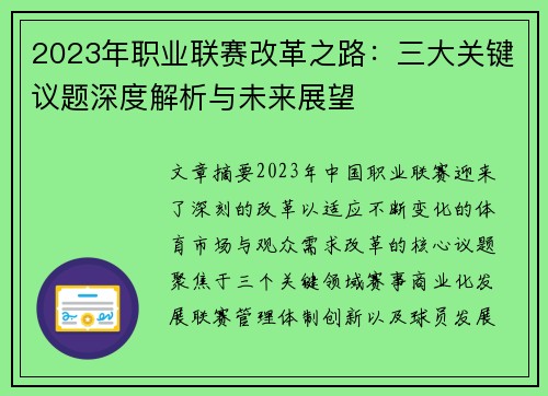 2023年职业联赛改革之路：三大关键议题深度解析与未来展望