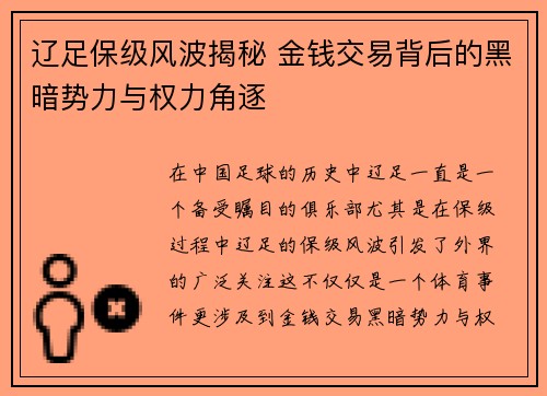 辽足保级风波揭秘 金钱交易背后的黑暗势力与权力角逐 辽足保级风波揭秘 金钱交易背后的黑暗势力与权力角逐